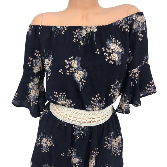 TRAC Navy Blue Floral Print Crochet Lace Cutout Romper One Piece SZ M - Picture 5 of 8